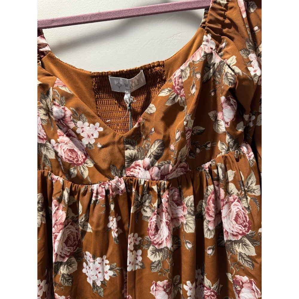 Wayf Womens Pecan Floral Peasant Baby Doll 3/4 Sleeve Mini Dress Sz Xs - Picture 7 of 13